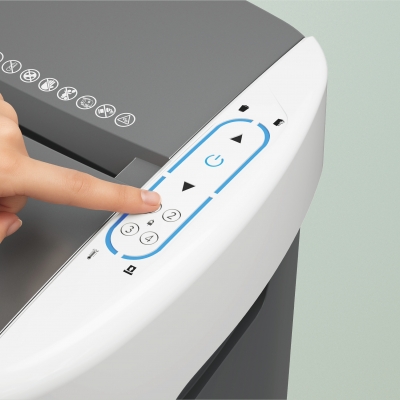 Distrugator documente automat Leitz OptiMax Office, P5, micro-cut, 300 coli, cos 25L alb-gri