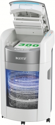 Distrugator documente automat Leitz OptiMax Office, P5, micro-cut, 300 coli, cos 25L alb-gri