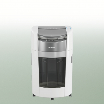 Distrugator documente automat Leitz OptiMax Office, P5, micro-cut, 300 coli, cos 25L alb-gri