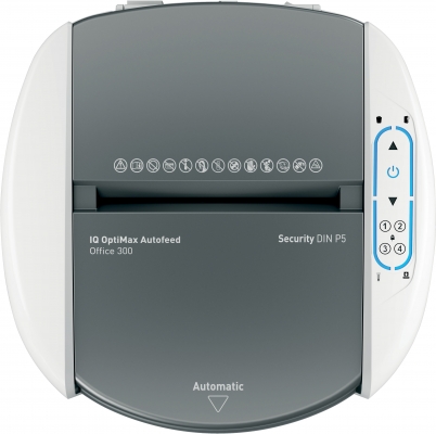 Distrugator documente automat Leitz OptiMax Office, P5, micro-cut, 300 coli, cos 25L alb-gri