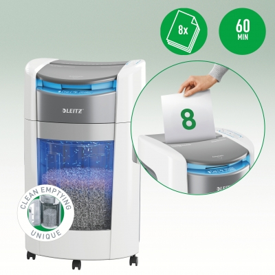 Distrugator documente automat Leitz OptiMax Office, P5, micro-cut, 300 coli, cos 25L alb-gri