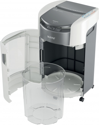 Distrugator documente automat Leitz OptiMax Office, P5, micro-cut, 300 coli, cos 25L alb-gri