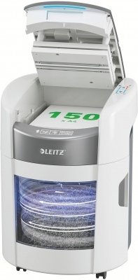 Distrugator documente automat Leitz OptiMax Home Office, P5, micro-cut, 150 coli, cos 15L, alb-gri