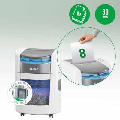 Distrugator documente automat Leitz OptiMax Home Office, P5, micro-cut, 150 coli, cos 15L, alb-gri