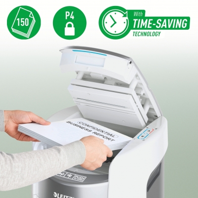 Distrugator documente automat Leitz OptiMax Home Office, P5, micro-cut, 150 coli, cos 15L, alb-gri
