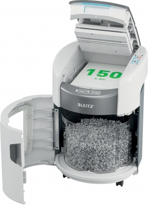 Distrugator documente automat Leitz OptiMax Home Office, P5, micro-cut, 150 coli, cos 15L, alb-gri