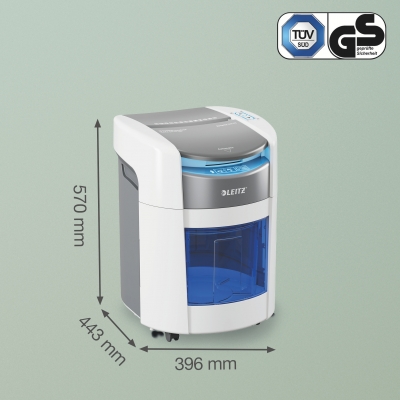 Distrugator documente automat Leitz OptiMax Home Office, P5, micro-cut, 150 coli, cos 15L, alb-gri