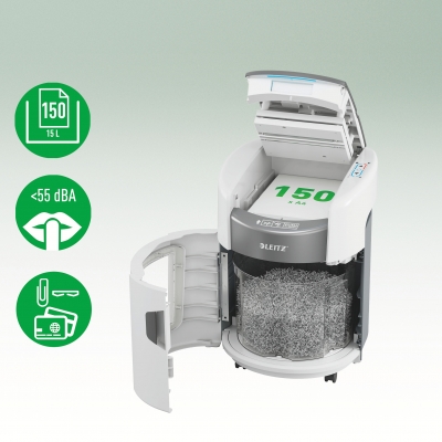 Distrugator documente automat Leitz OptiMax Home Office, P5, micro-cut, 150 coli, cos 15L, alb-gri
