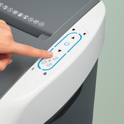 Distrugator documente automat Leitz OptiMax Office Pro, P5, Micro-cut, 600 coli, cos 50L, alb-gri
