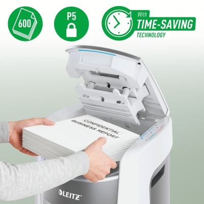 Distrugator documente automat Leitz OptiMax Office Pro, P5, Micro-cut, 600 coli, cos 50L, alb-gri