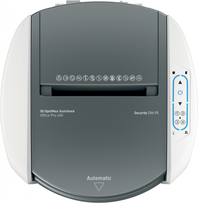 Distrugator documente automat Leitz OptiMax Office Pro, P5, Micro-cut, 600 coli, cos 50L, alb-gri