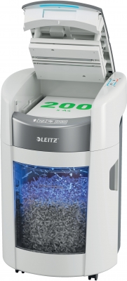 Distrugator documente automat Leitz OptiMax Small Office, P4, cross-cut, 200 coli, cos 21L, alb-gri