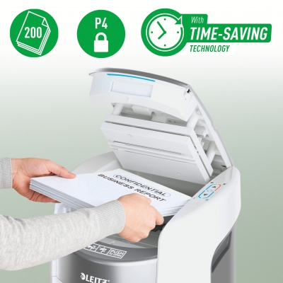 Distrugator documente automat Leitz OptiMax Small Office, P4, cross-cut, 200 coli, cos 21L, alb-gri
