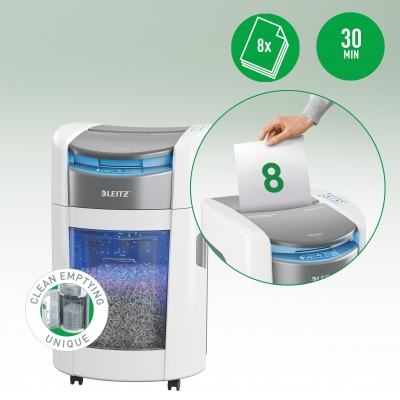 Distrugator documente automat Leitz OptiMax Small Office, P4, cross-cut, 200 coli, cos 21L, alb-gri