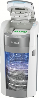 Distrugator documente automat Leitz OptiMax Office Pro, P4, cross-cut, 600 coli, cos 50L, alb-gri