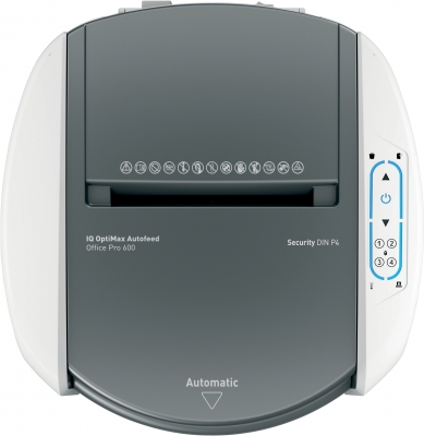 Distrugator documente automat Leitz OptiMax Office Pro, P4, cross-cut, 600 coli, cos 50L, alb-gri