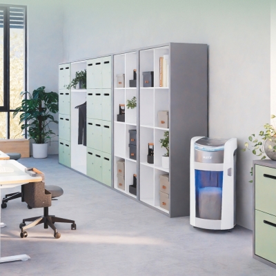 Distrugator documente automat Leitz OptiMax Office Pro, P4, cross-cut, 600 coli, cos 50L, alb-gri