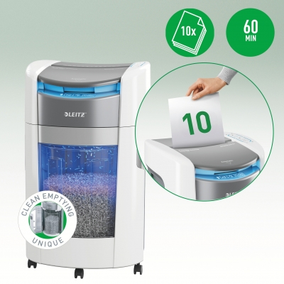Distrugator documente automat Leitz OptiMax Office, P4, cross-cut, 300 coli, cos 25L alb-gri
