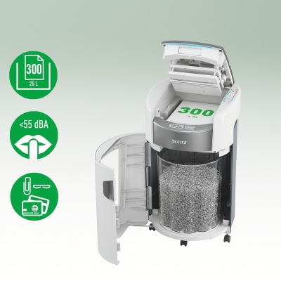 Distrugator documente automat Leitz OptiMax Office, P4, cross-cut, 300 coli, cos 25L alb-gri