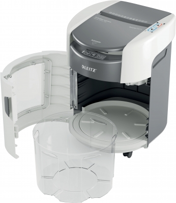 Distrugator documente automat Leitz OptiMax Home Office, P4, cross-cut, 150 coli, cos 15L, alb-gri