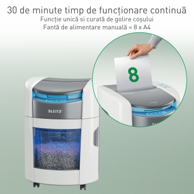 Distrugator documente automat Leitz OptiMax Home Office, P4, cross-cut, 150 coli, cos 15L, alb-gri