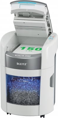 Distrugator documente automat Leitz OptiMax Home Office, P4, cross-cut, 150 coli, cos 15L, alb-gri