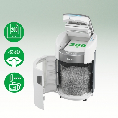 Distrugator documente automat Leitz OptiMax Small Office, P5, micro-cut, 200 coli, cos 21L, alb-gri