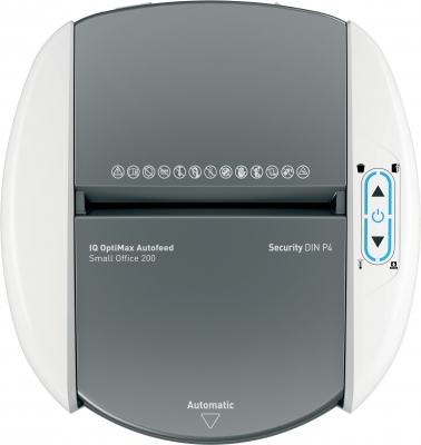 Distrugator documente automat Leitz OptiMax Small Office, P5, micro-cut, 200 coli, cos 21L, alb-gri