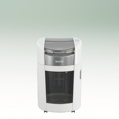 Distrugator documente automat Leitz OptiMax Small Office, P5, micro-cut, 200 coli, cos 21L, alb-gri