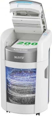 Distrugator documente automat Leitz OptiMax Small Office, P5, micro-cut, 200 coli, cos 21L, alb-gri