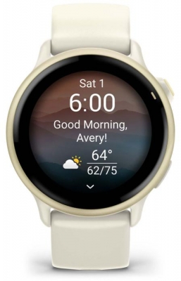 Ceas Garmin vívoactive 6 display AMOLED, dimensiune afisaj 30.4 mm, rezolutie afisaj  390 x 390 pixeli, memorie 8GB, autonomie până la 11 zile (5 zile cu afişajul permanent pornit), rezistanta la apa pana la 5 ATM, greutate: 23g, ramă Lunar Gold cu curea Bone, carcasă Light Sand şi curea din silicon