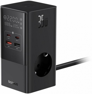 Incarcator retea Baseus PowerCombo Tower Digital Powerstrip, Quick charge 35W, 4 porturi iesire, lungime cablu 1.5m, negru