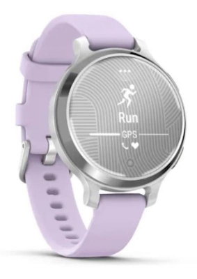 Ceas Garmin Lily 2 Active, display AMOLED, dimensiune afisaj 25,4 mm x 21,3 mm, rezolutie afisaj 240 x 201 pixeli, memorie 8GB, autonomie pana la 9 zile, rezistanta la apa pana la 5 ATM, greutate: 24,4g, ramă Argintiu, şi curea Purple Jasmine din silicon