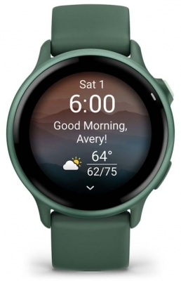 Ceas Garmin vívoactive 6 display AMOLED, dimensiune afisaj 30.4 mm, rezolutie afisaj  390 x 390 pixeli, memorie 8GB, autonomie până la 11 zile (5 zile cu afişajul permanent pornit) rezistanta la apa pana la 5 ATM, greutate: 23g, ramă Jasper Green cu curea Bone, carcasă Green Metallic şi curea din