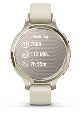 Ceas Garmin Lily 2 Active, display AMOLED, dimensiune afisaj 25,4 mm x 21,3 mm, rezolutie afisaj 240 x 201 pixeli, memorie 8GB, autonomie pana la 9 zile, rezistanta la apa pana la 5 ATM, greutate: 24,4g, ramă MLunar Glod şi curea Bone din silicon