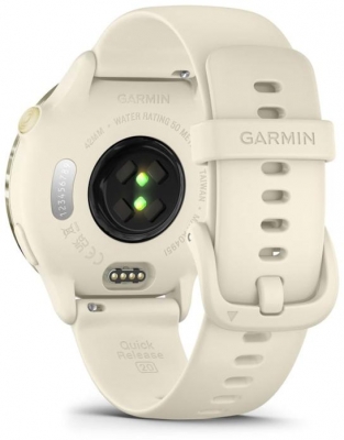 Ceas Garmin vívoactive 6 display AMOLED, dimensiune afisaj 30.4 mm, rezolutie afisaj  390 x 390 pixeli, memorie 8GB, autonomie până la 11 zile (5 zile cu afişajul permanent pornit), rezistanta la apa pana la 5 ATM, greutate: 23g, ramă Lunar Gold cu curea Bone, carcasă Light Sand şi curea din silicon