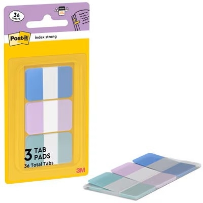 Indexuri adezive rezistente Post-it Strong Tabs 686-3COAST, albastru pastel, mov și verde, 25.4 x 38.1 mm, 36 indexuri/dispenser, 3M