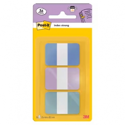 Indexuri adezive rezistente Post-it Strong Tabs 686-3COAST, albastru pastel, mov și verde, 25.4 x 38.1 mm, 36 indexuri/dispenser, 3M
