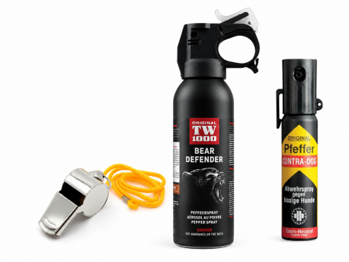 Kit aparare impotriva ursilor si cainilor, sprayuri autoaparare cu piper, Contra-Dog 40ml & Bear Defender, 225ml, TW1000, si fluier din metal cu snur