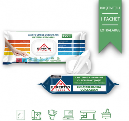 Servetele umede antibacteriene Expertto, 100 buc, 23x21, 5 cm, cu bicarbonat si otet, fara clor