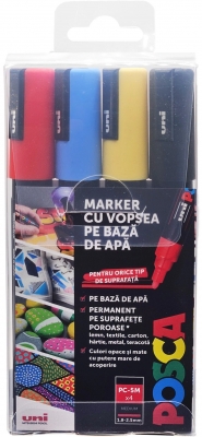 Marker cu vopsea Posca PC-5M, varf 1.8-2.5 mm, 4 culori/set