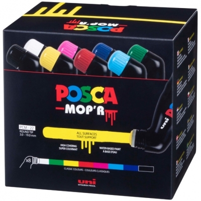 Marker cu vopsea Posca MopR PCM-22, varf rotund buretat 3-19 mm, 8 culori/set
