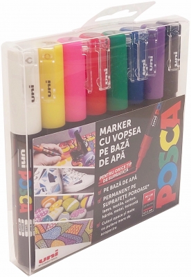 Marker cu vopsea Posca PC-1M, varf 0.7 mm , 8 culori/set
