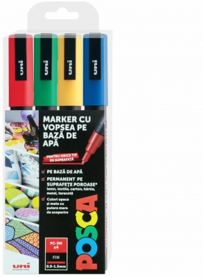 Marker cu vopsea Posca PC-3M, varf 0.9-1.3 mm, 4 buc/set