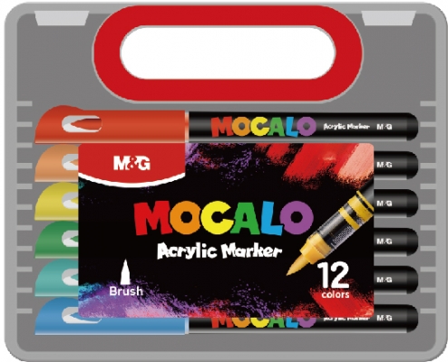Marker cu vopsea acrilica MOCALO M&G, varf pensula, 12 buc/set