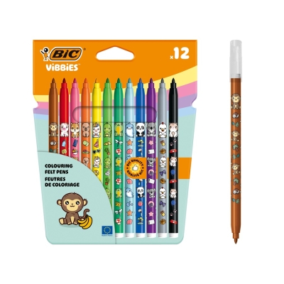 Markere de colorat BIC Vibbies, varf mediu, 12 culori asortate, modele cu animalute, 12 buc/set