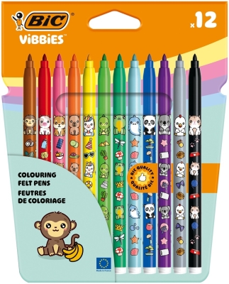 Markere de colorat BIC Vibbies, varf mediu, 12 culori asortate, modele cu animalute, 12 buc/set