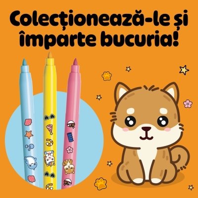 Markere de colorat BIC Vibbies, varf mediu, 12 culori asortate, modele cu animalute, 12 buc/set