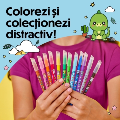 Markere de colorat BIC Vibbies, varf mediu, 12 culori asortate, modele cu animalute, 12 buc/set
