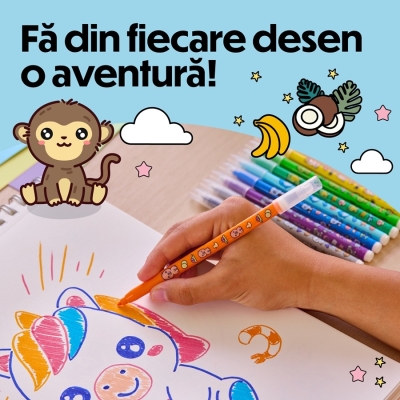Markere de colorat BIC Vibbies, varf mediu, 12 culori asortate, modele cu animalute, 12 buc/set
